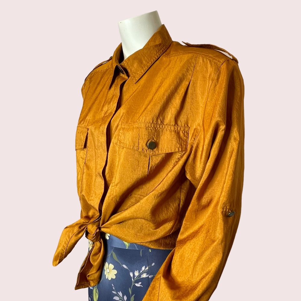 Vintage Copper Blouse Epaulets Button-Up Crinkly Fabric Front Pockets‎ Shirt Top